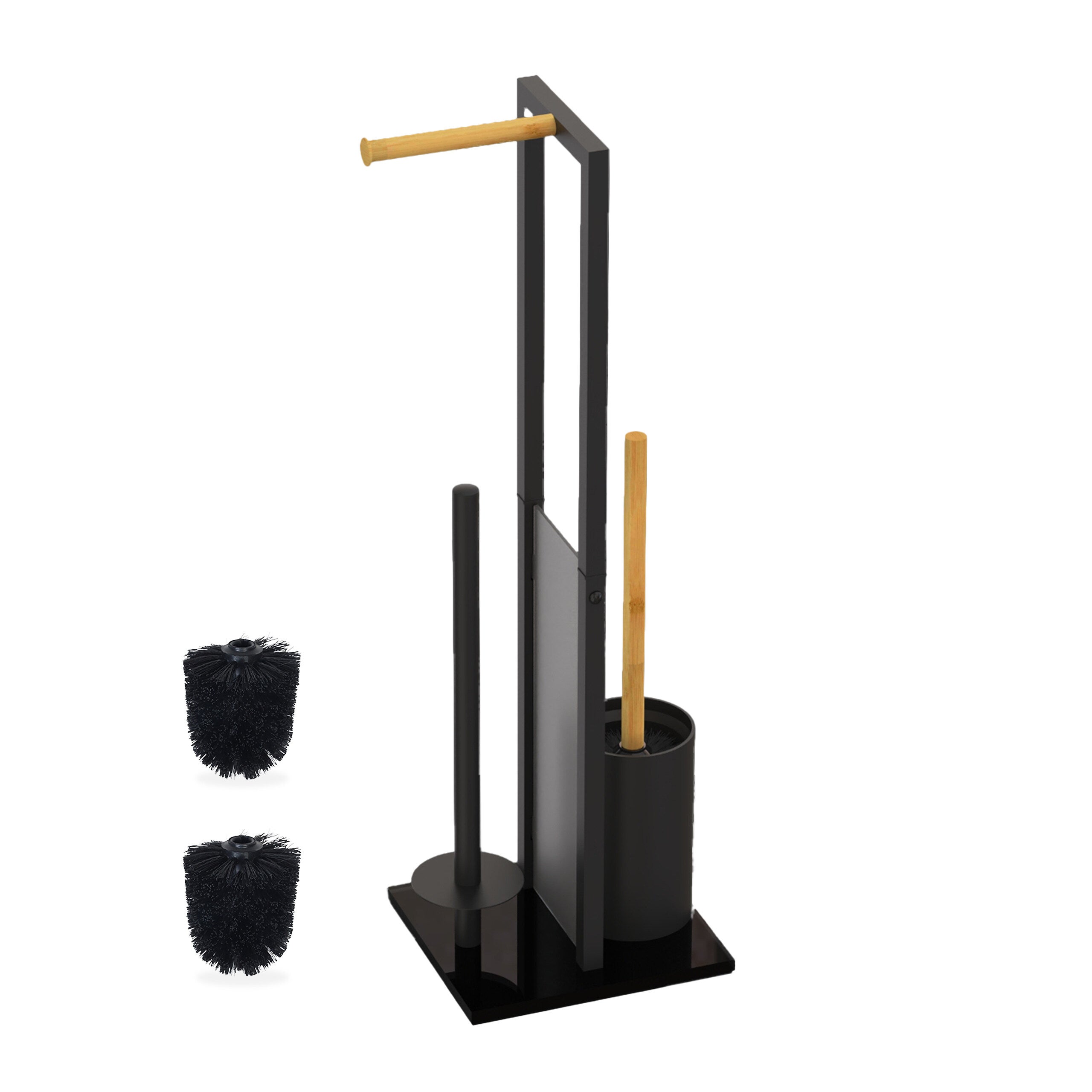 Relaxdays Porte-Papier Toilette Avec Étagère – Support WC Élégant En Fer Noir Et Bambou Nature, Non Fixe, Idéal Pour Salle De Bain Moderne