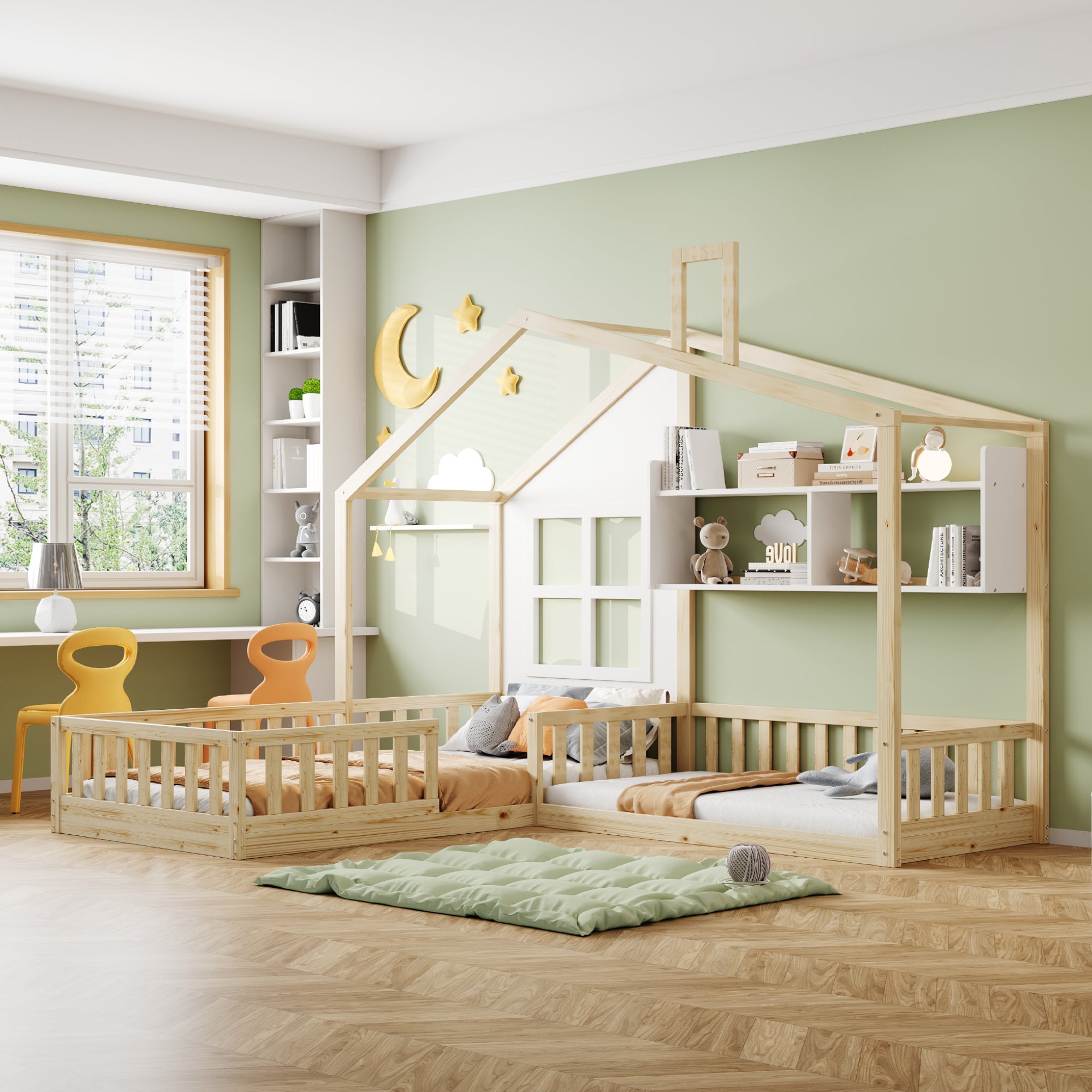 Łóżko dziecięce kabinowe 90 x 200 cm + 140 x 70 cm z półkami - Sklejka + MDF + sosna - Stelaż z listew w zestawie - Kolor drewna
