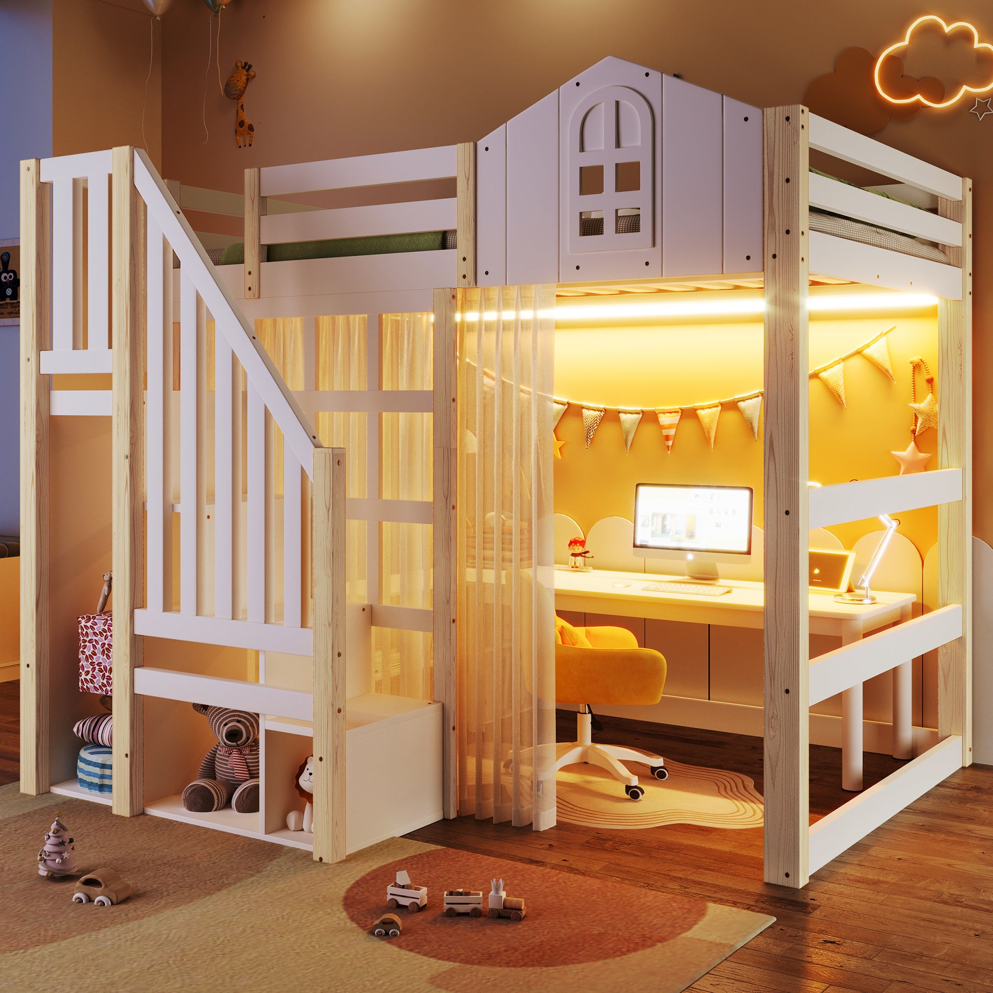 Lit Mezzanine Enfant 140x200 cm - Avec Escalier de Rangement, Barrière