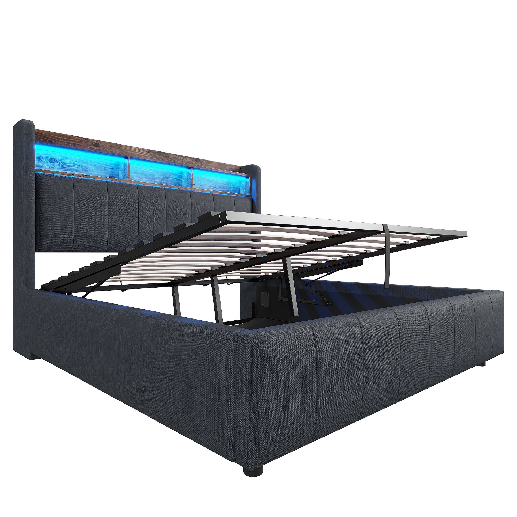 Cama con canapé 140x200 cm con LED, USB y cabecero con almacenamiento, lino gris, sin colchón - 9