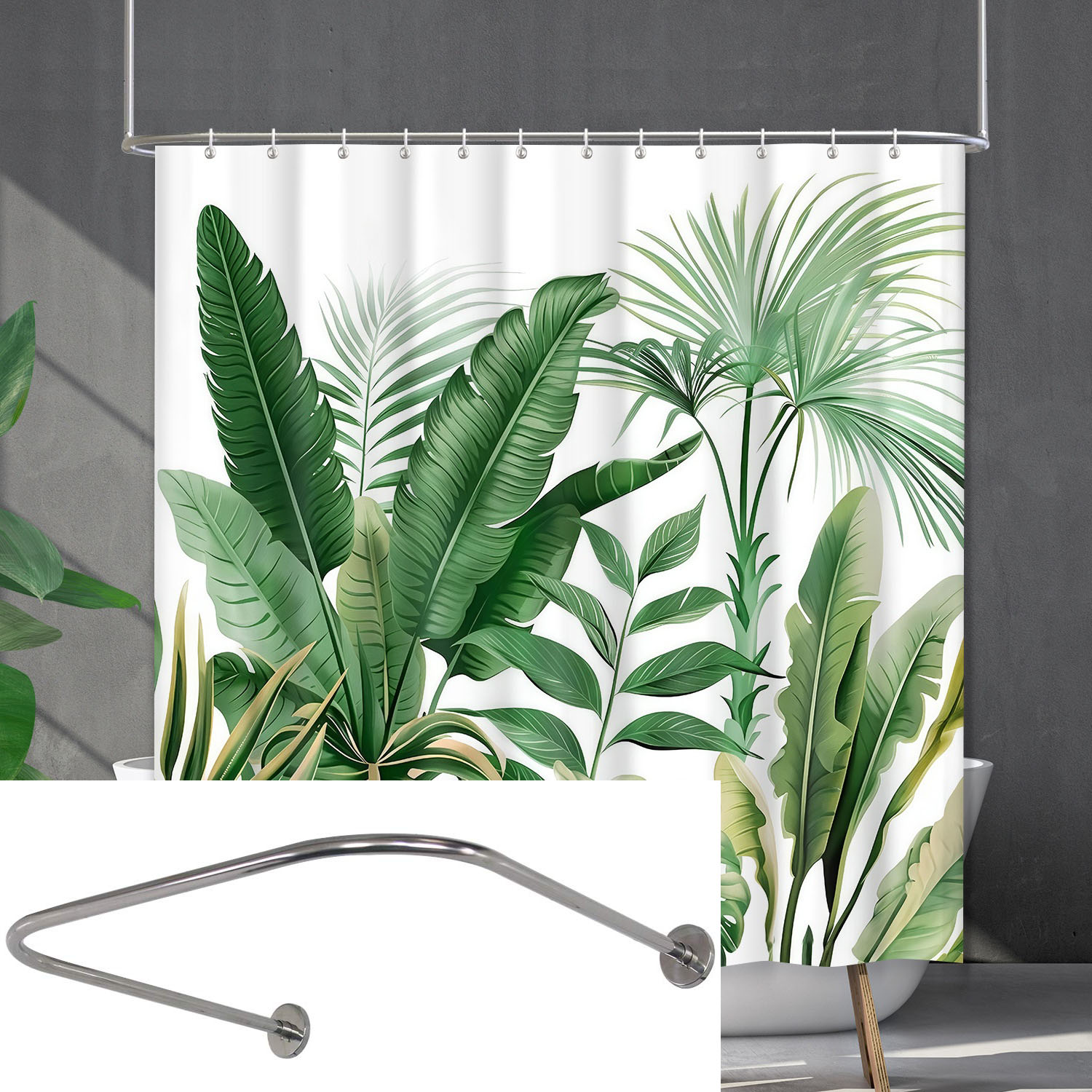 Cortina de ducha verde con estampado de plantas de 180 cm x 180 cm con barra retráctil en forma de u de 206 cm - poliéster impermeable, lavable