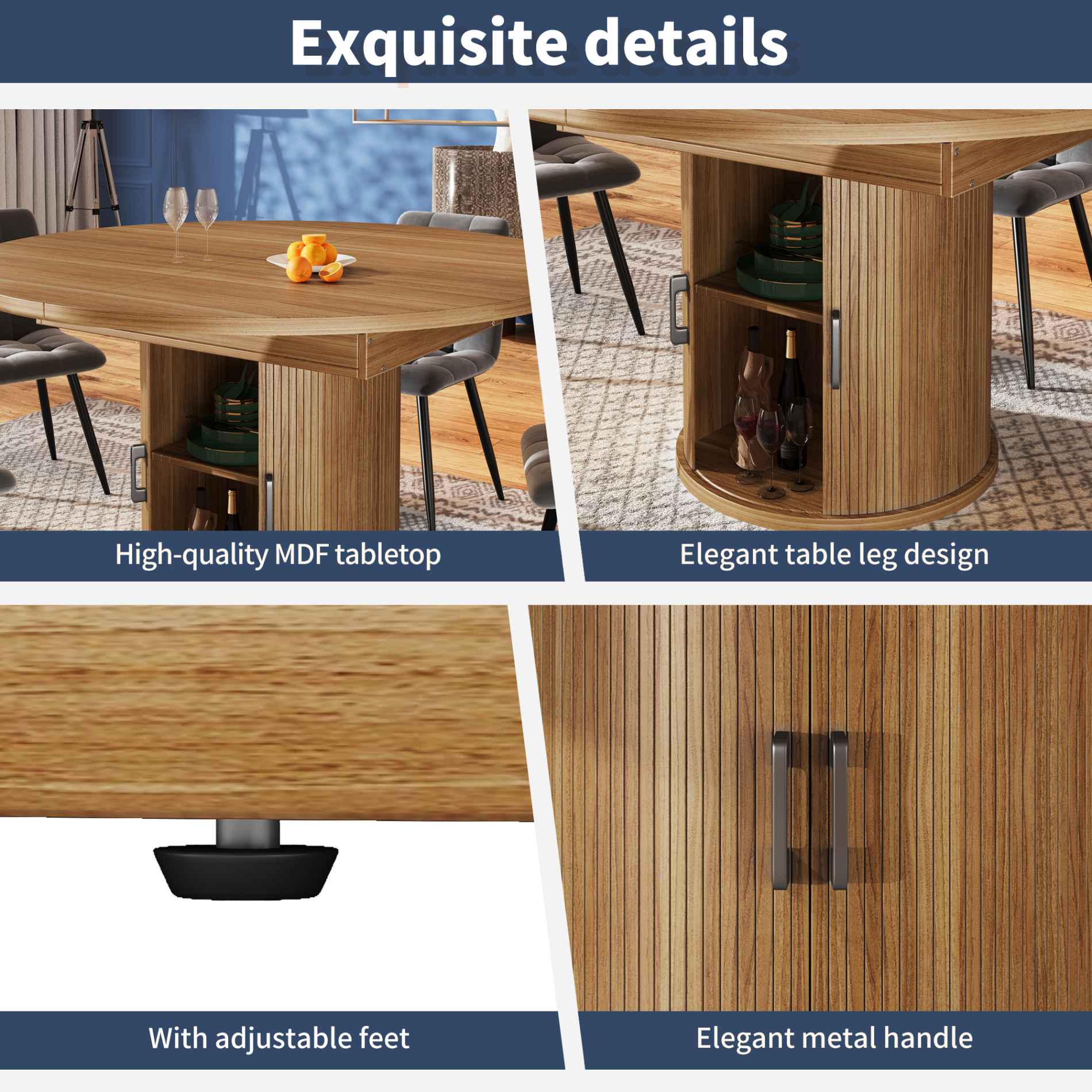 Table à Manger Extensible avec Plateau Ronde, de 118 à 158 cm, 6 Personnes, avec Rangements et Design Vintage - 4