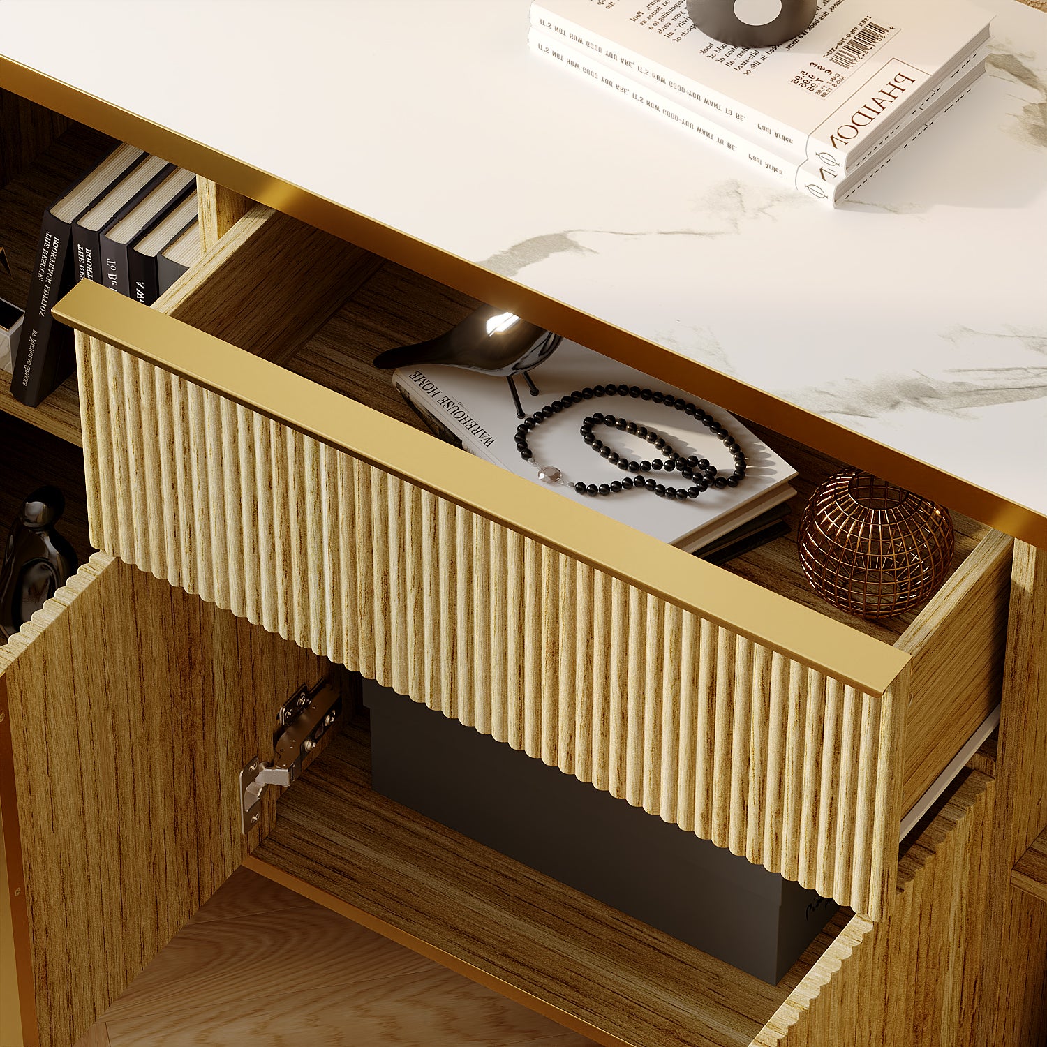 Buffet de Salon avec 4 Portes et Tiroir, Meuble de Chambre avec Façade Sculptée et en Bois Texturé, 160x40x82.5, Naturel et Marbre - 6