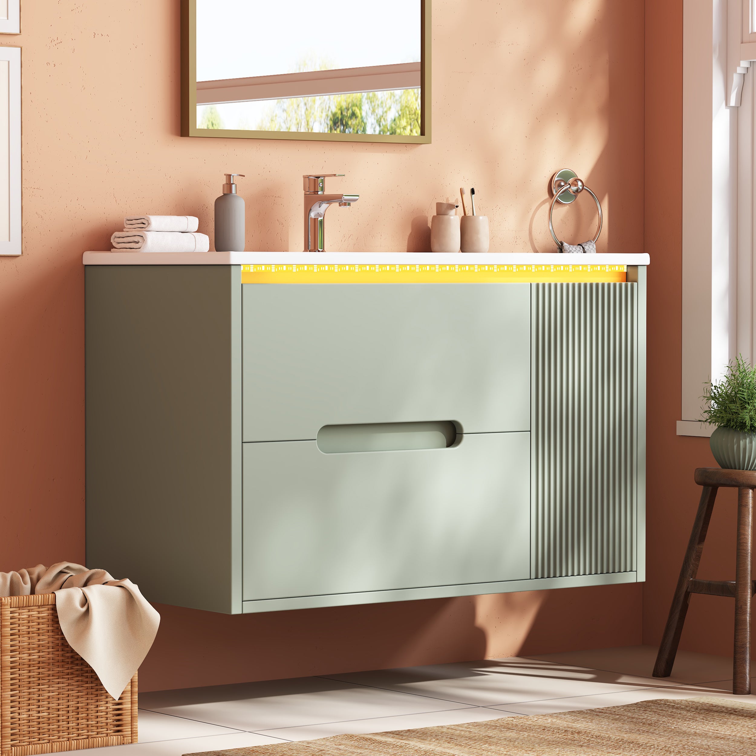 Mobilier de baie cu lavoar ceramic, fronturi ondulate, iluminare LED și sertare, stil modern