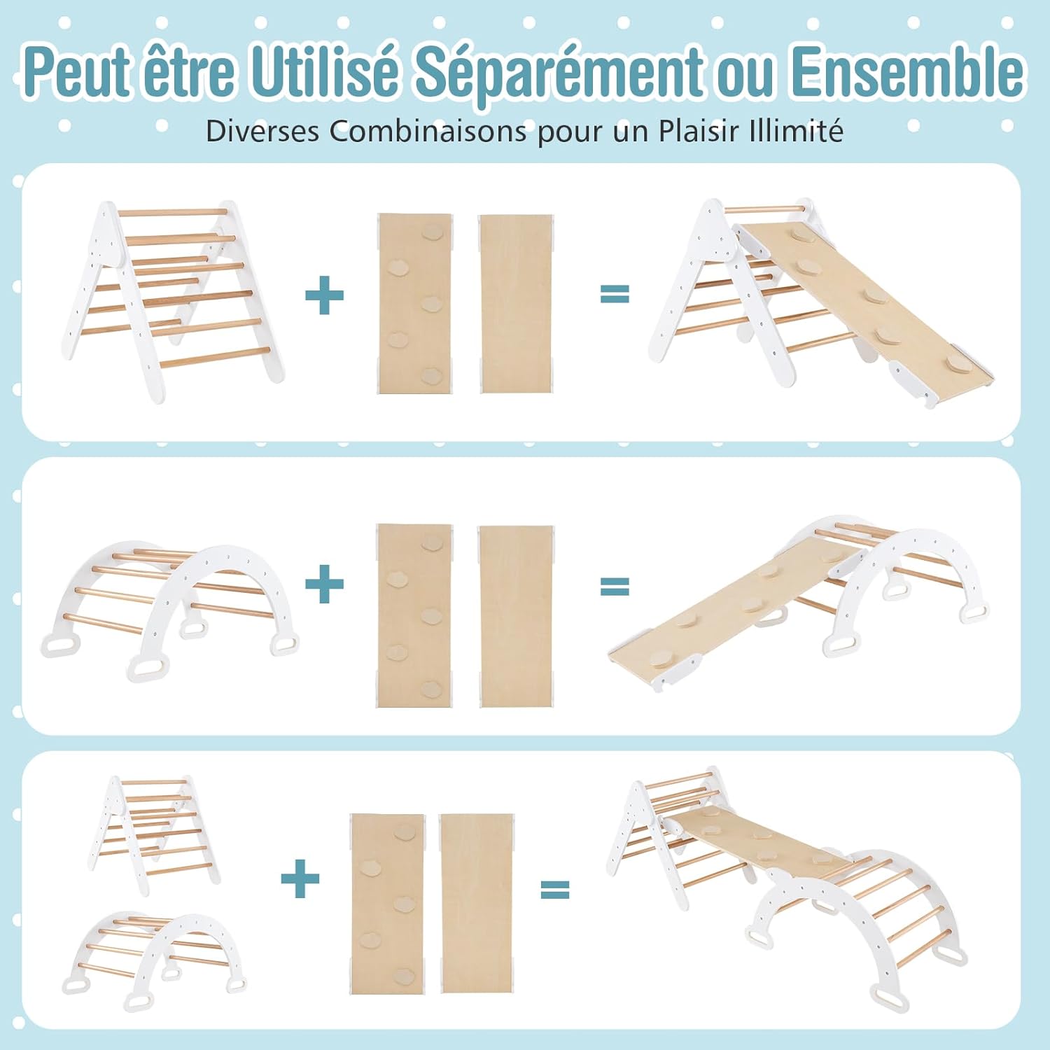 COSTWAY Triangle D’Escalade Montessori 7-en-1 – Arc, Rampe Réversible, Toboggan, Bois Hêtre, Dès 1 An