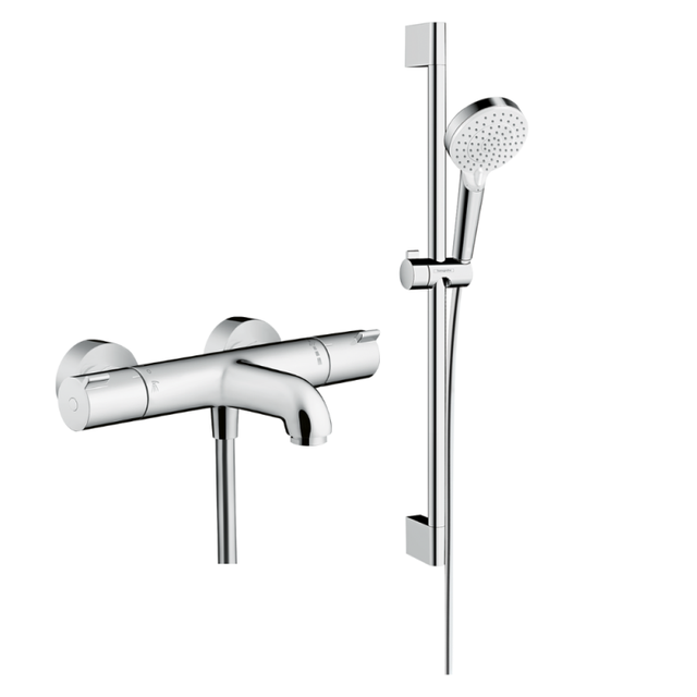 Mitigeur baignoire thermostatique HANSGROHE Ecostat 1001 CL chromé + pack pommeau de douche Crometta 2 jets + flexible + barre