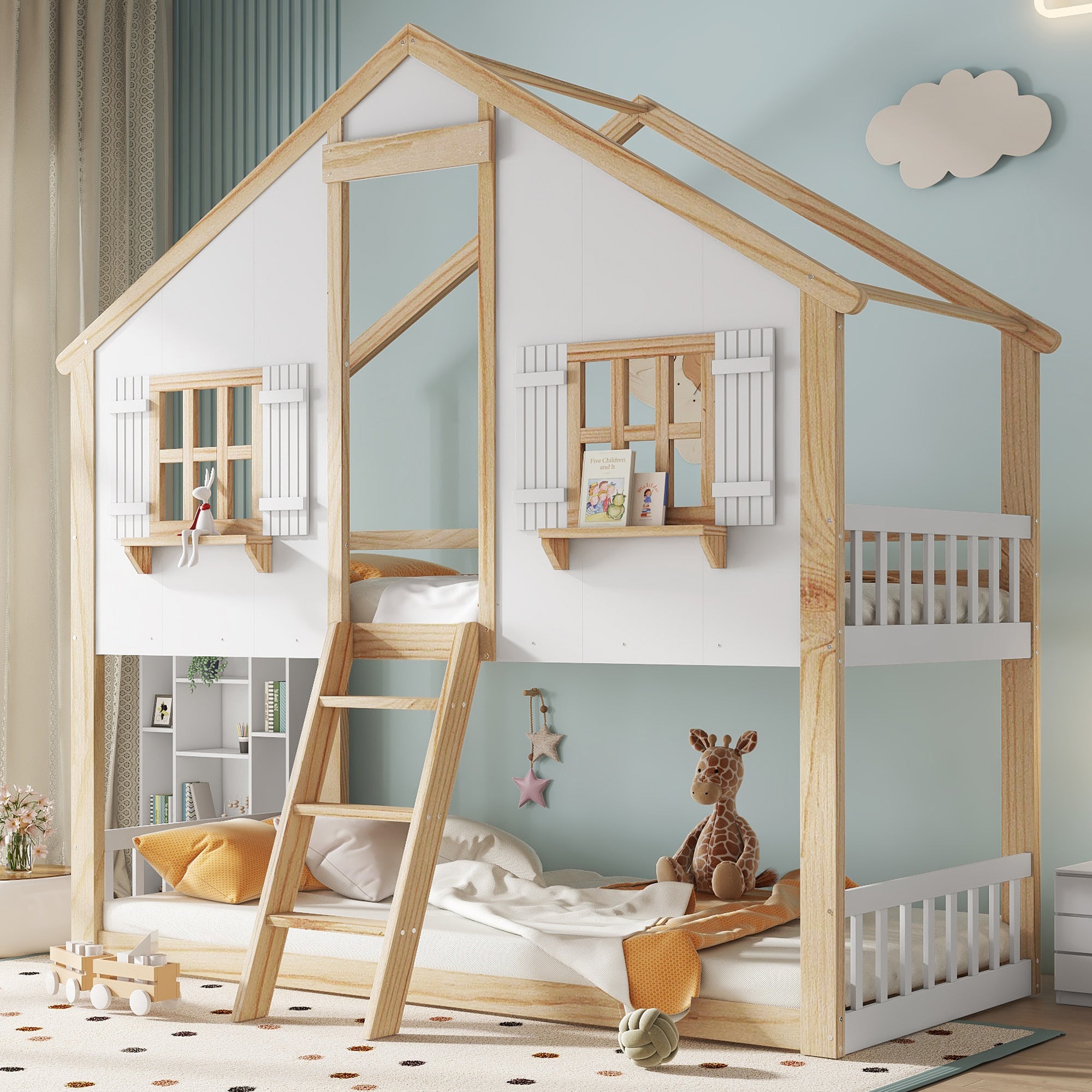 Łóżka piętrowe 2 x 90 x 200 cm z dachem i oknem - Sosna + MDF + sklejka - Dla dzieci - Białe + naturalne (bez materaca)