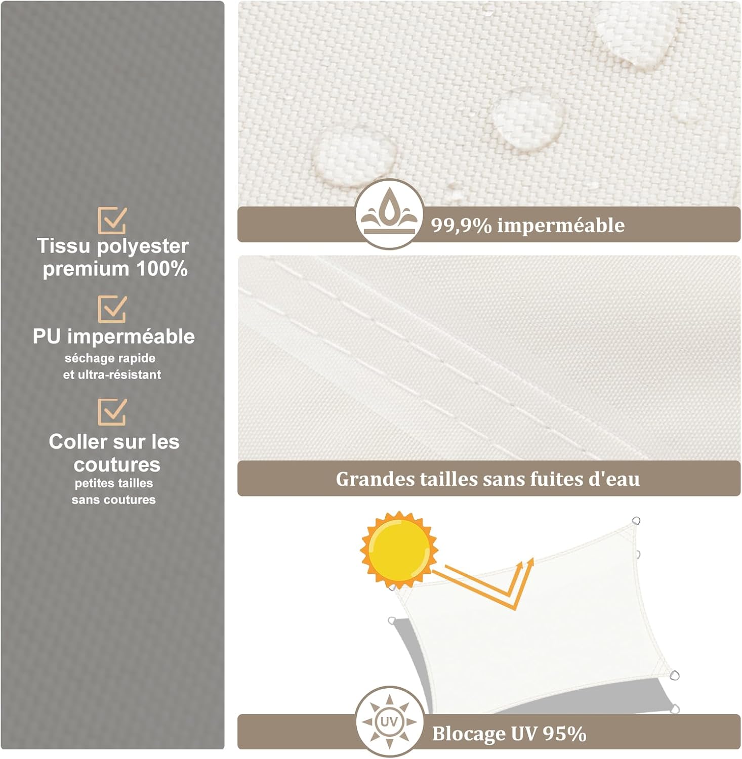 Voile d'ombrage Imperméable Rectangulaire 2x3m Toile Ombrage PES avec 95% Protection UV pour Jardin, Terrasse, Balcon, Patio, Extérieur - Beige - 4