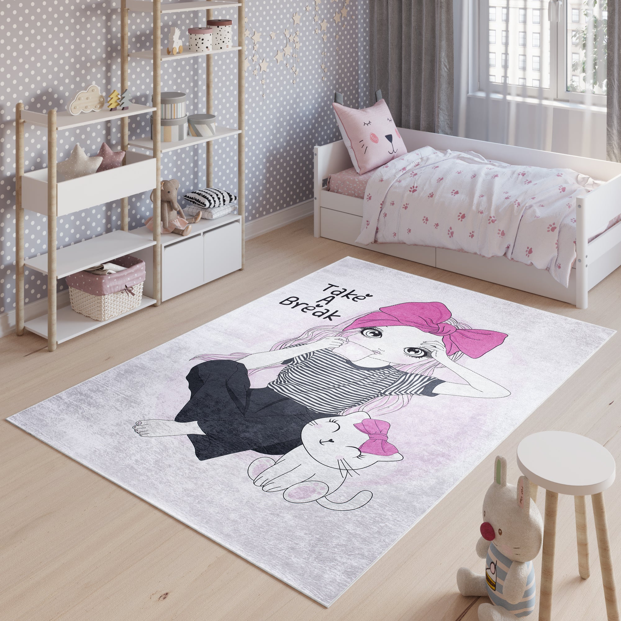 Tapiso emma alfombra antideslizante cuarto de niños gris rosa negro gatito fina lavable 160 x 230 cm