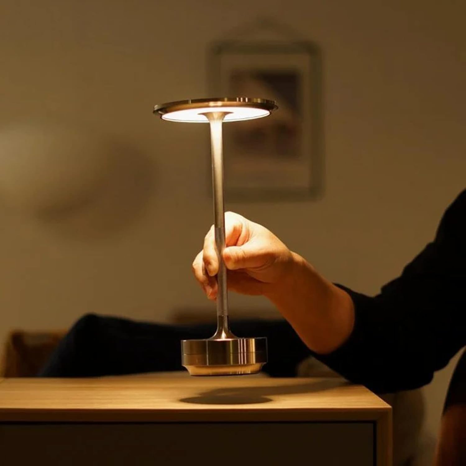 Bezprzewodowa, akumulatorowa metalowa lampa stołowa, srebrna, 5200 mAh, sterowanie dotykowe, dekoracyjne oświetlenie LED do restauracji, baru - 3
