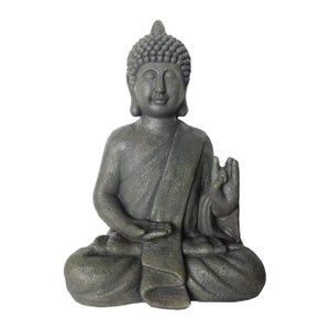 FABRIQ Statuetta di Buddha con ciotola in mano, vaso di fiori, massiccio, resistente alle intemperie, giardino zen