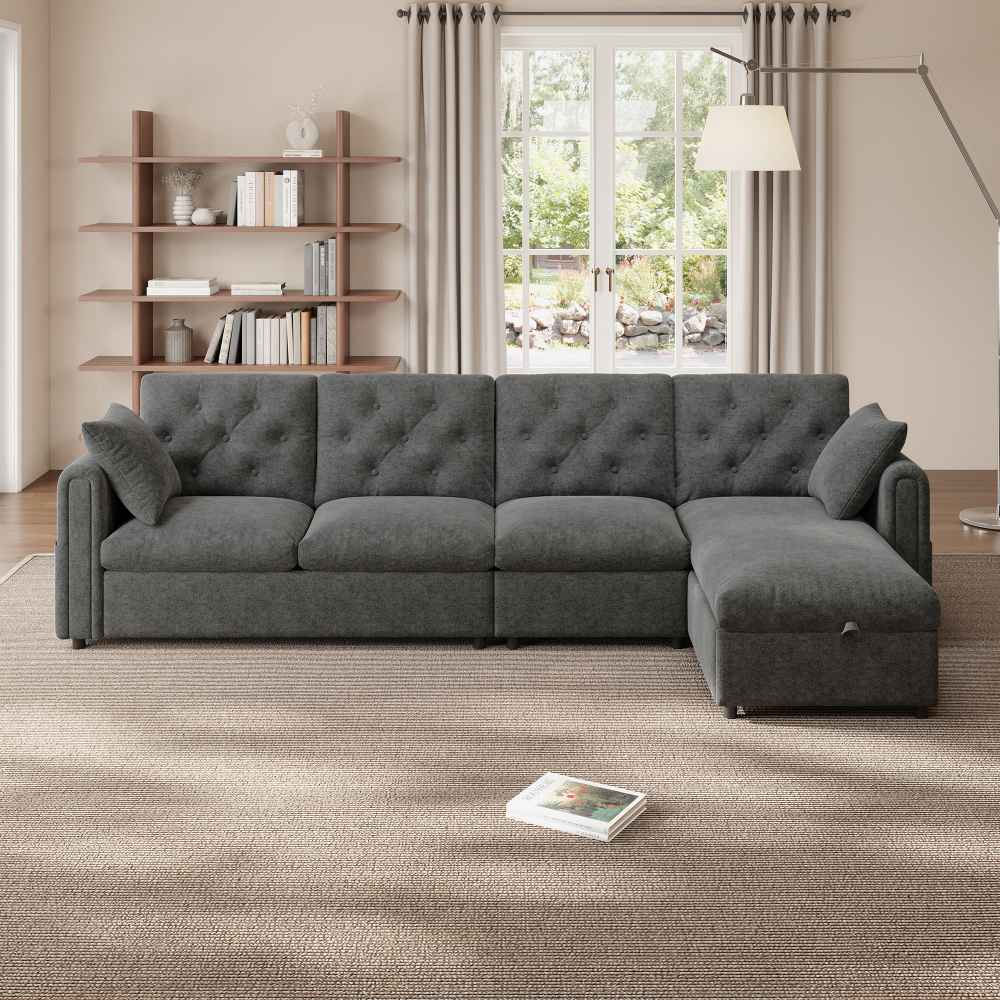 Narożna sofa w kształcie litery L z aksamitu, ze schowkiem, funkcją spania, regulowanymi podłokietnikami i praktycznymi kieszeniami bocznymi
