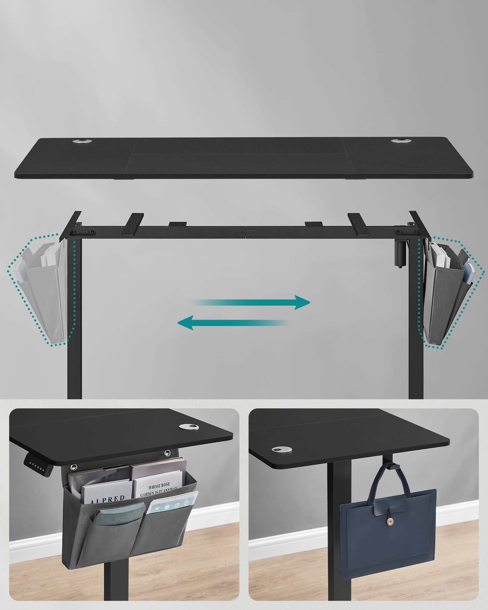 Bureau Électrique Assis-Debout, Bureau Réglable en Hauteur, 70 x 160 x (72-120) cm, 4 Hauteurs Mémorisables, Pochette de Rangement, Noir - 4