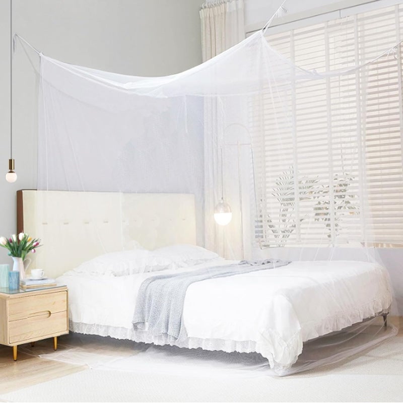 Biała moskitiera na łóżko podwójne - 6 pętelek do zawieszenia i 2 boczne otwory - Prostokątna, dekoracyjna do domu i podróży