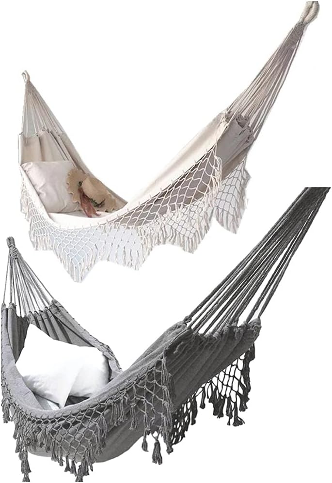 Rede de descanso dupla boémia em macramé com franjas em lona - Grande baloiço para pendurar - Para a praia, o pátio, o quarto, CINZENTO - 2