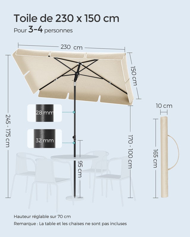 Parasol 230 x 150 cm, Protection Solaire UPF 50+, Inclinable sur 30° dans les 2 sens, Hauteur Réglable, avec Sac de Transport, sans Base, Beige - 5