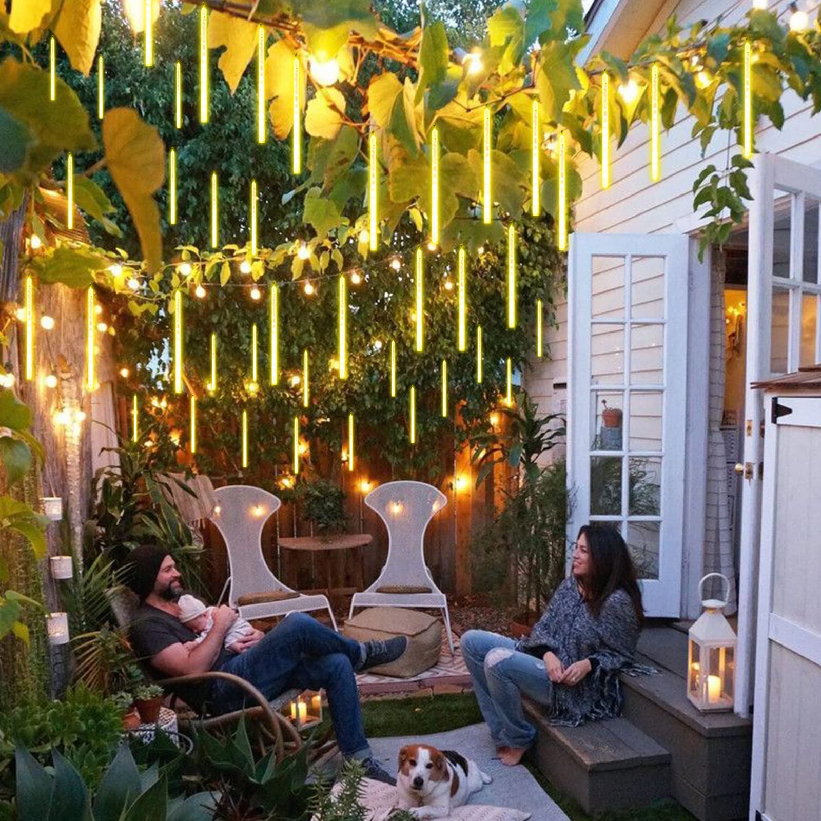 Luci di Natale per esterni, luci a pioggia di meteoriti a 288 LED, decorazioni natalizie, luci natalizie fatate, bianco caldo (8 tubi - 50 cm) - 8