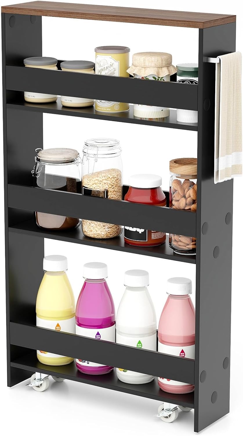 4-poziomowy regał wnękowy na kółkach, wózek kuchenny, wąski, regał łazienkowy z bocznym uchwytem, 48 x 13 x 81 cm (czarny + brązowy), JV10501DE