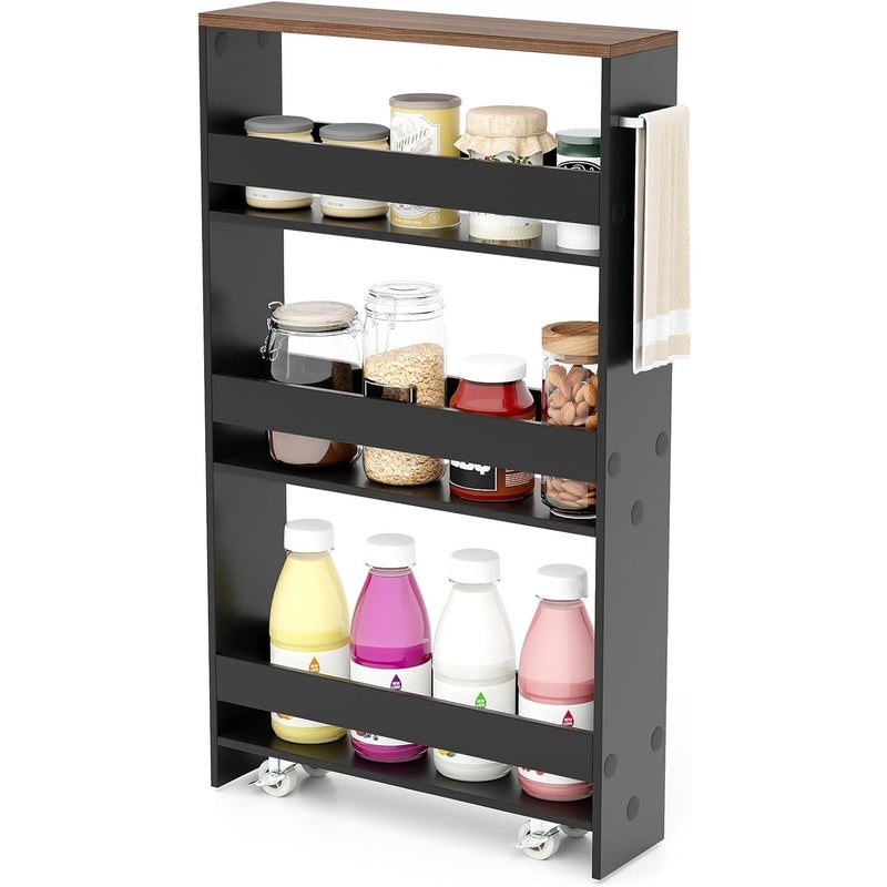 4-poziomowy regał wnękowy na kółkach, wózek kuchenny, wąski, regał łazienkowy z bocznym uchwytem, 48 x 13 x 81 cm (czarny + brązowy), JV10501DE