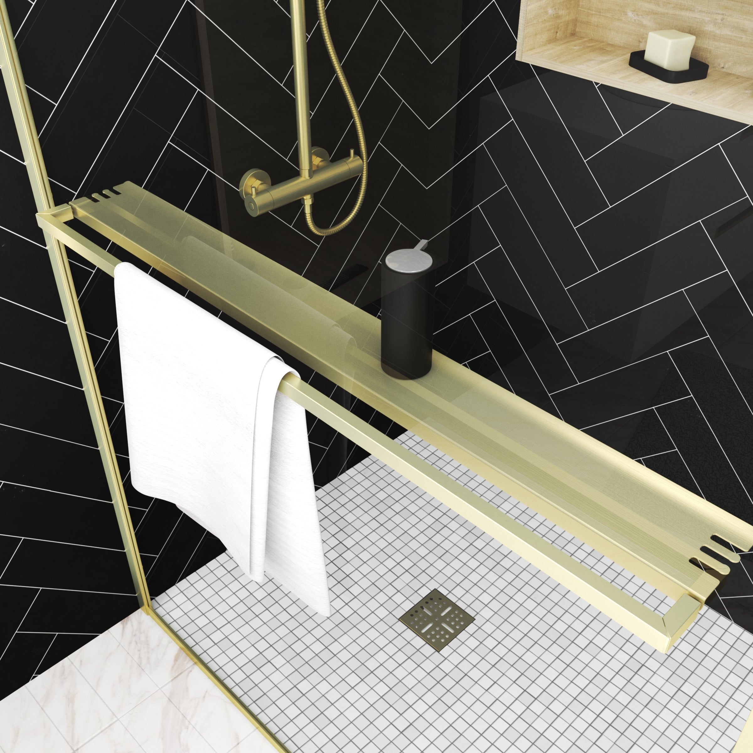 Paroi de Douche Or Doré Brossé 120x200cm - Porte-Serviette et Etagère - 2
