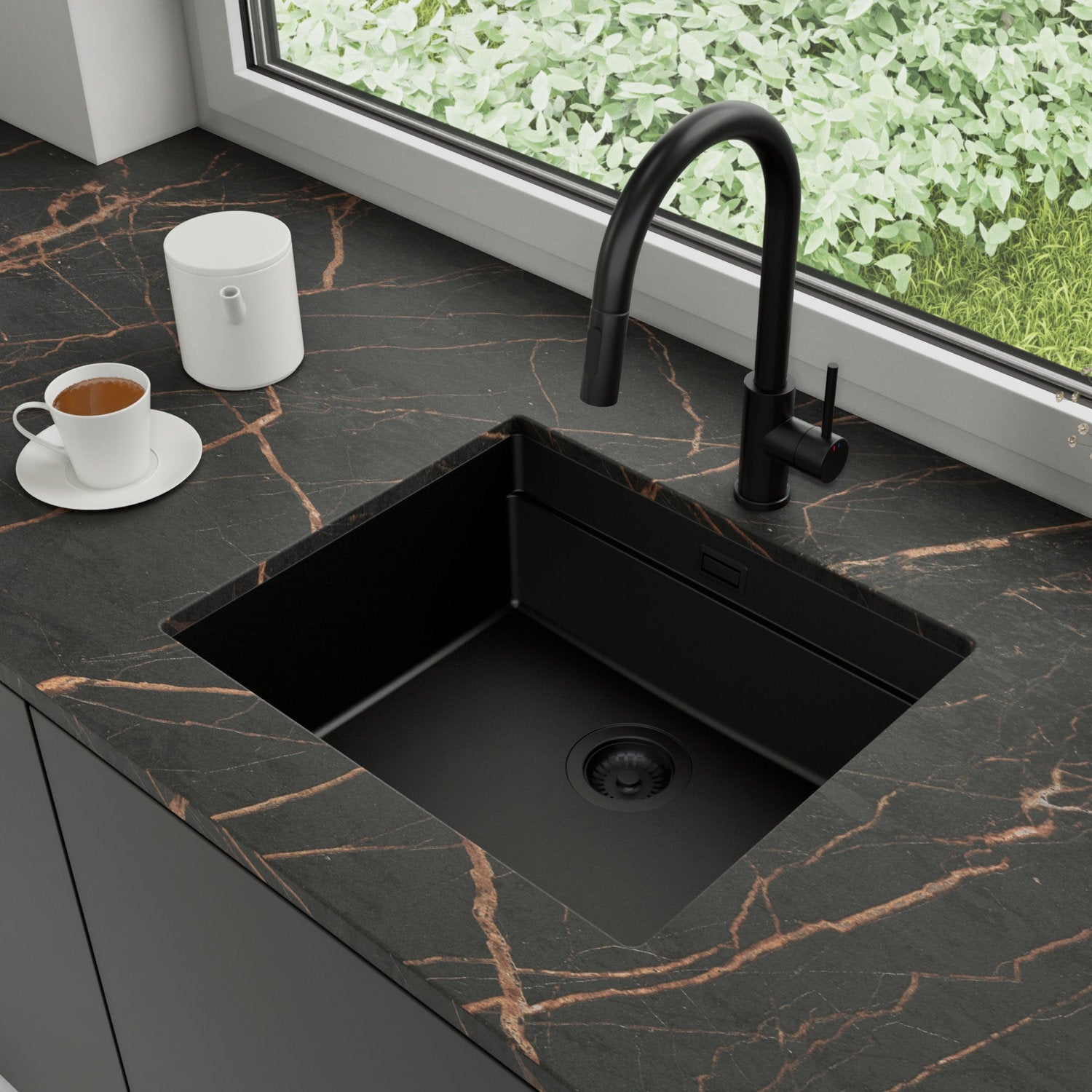 Zlewozmywak podblatowy 56x47cm, do szafki od 60cm + Bateria + Syfon - Coral Cały Czarny STONESTYLE