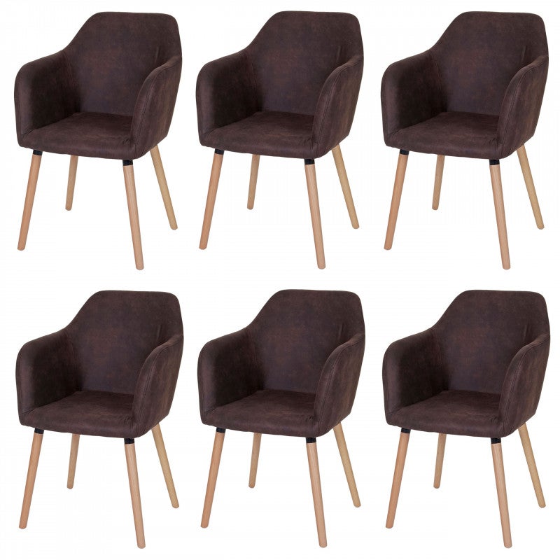 Zestaw 6 krzeseł do jadalni Malmö T381, krzesło kuchenne, design retro 50s ~ tekstylia, vintage ciemny brąz, jasne nogi