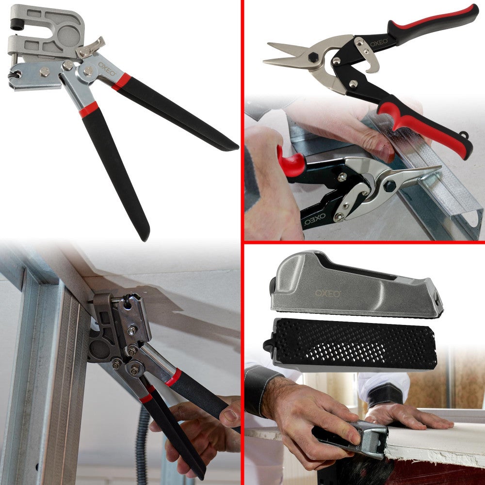 Kit outils plaquiste pro - 10 Outils - Couteau isolant - Cale plaque - Pince - Cutter - Cisaille - Scie cloche - Porte embout - 4