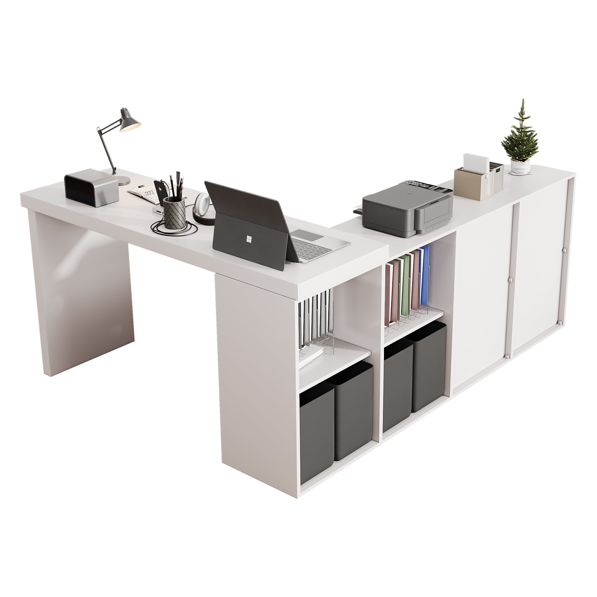 Bureau d'angle pivotant avec 4 compartiments et 4 tiroirs - 120 x 48 x 78 cm + 140 x 35 x 74  cm - MDF - Blanc - 9
