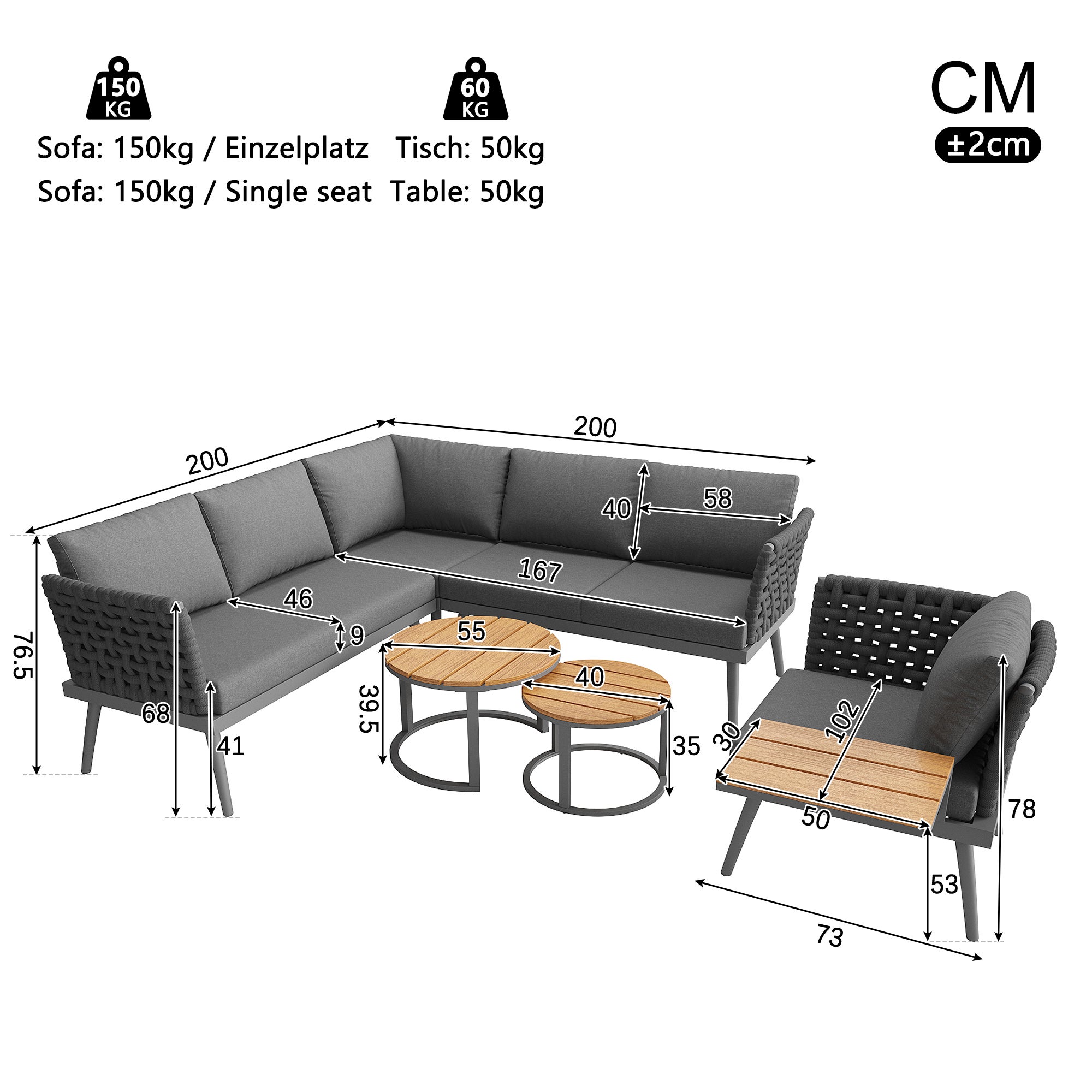 Salon de Jardin Exterieur pour 6 places,avec 2 tables basses en bois,Canapé d'angle extérieur en forme de L,avec coussin,Main courante tressée, Gris - 5