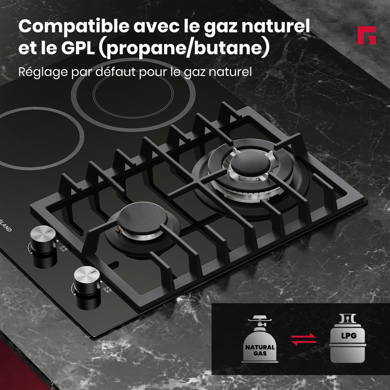 GASLAND GCH604BF Table de cuisson mixte 4 zones 8,1 kW, Plaque de cuisson 2 vitrocéramique + 2 gaz, Revêtement verre - 5
