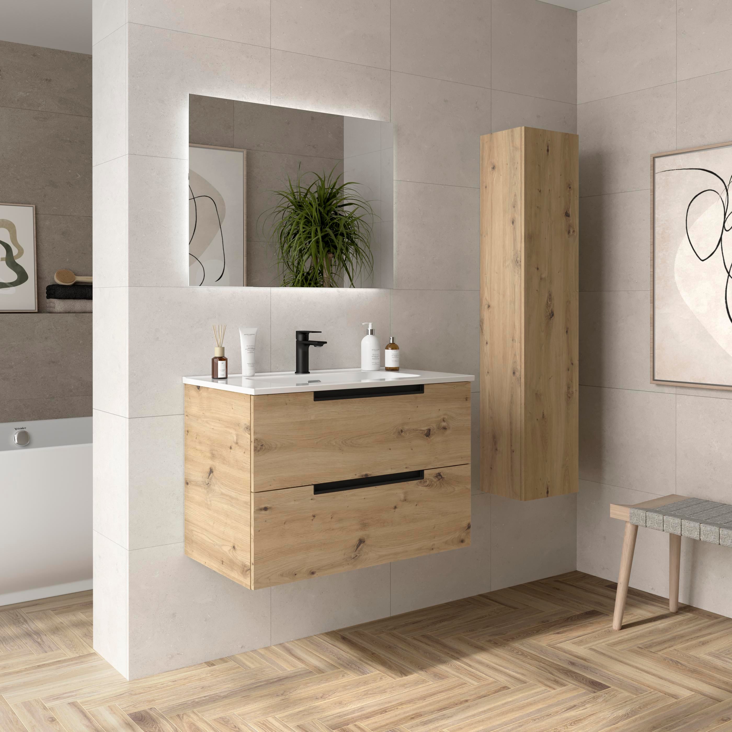 Móvel de casa de banho LENI Carvalho 80cm 2 gavetas lavatório 1 cuba Porcelana - 2