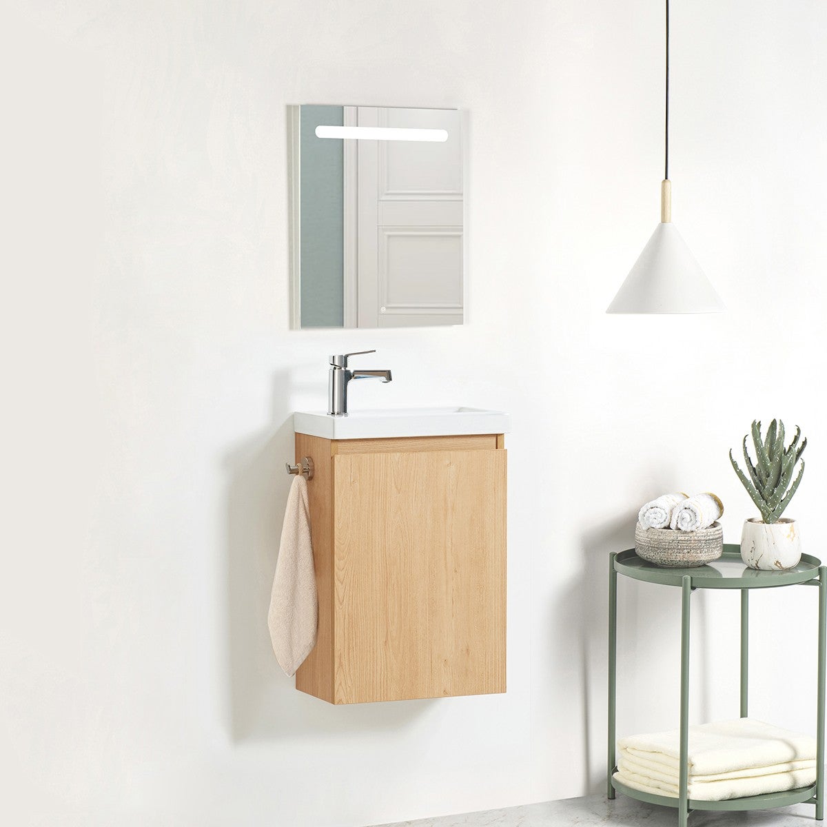 Pack Meuble Lave-main prémonté bois-Vasque blanche-Robinet chromé - 2