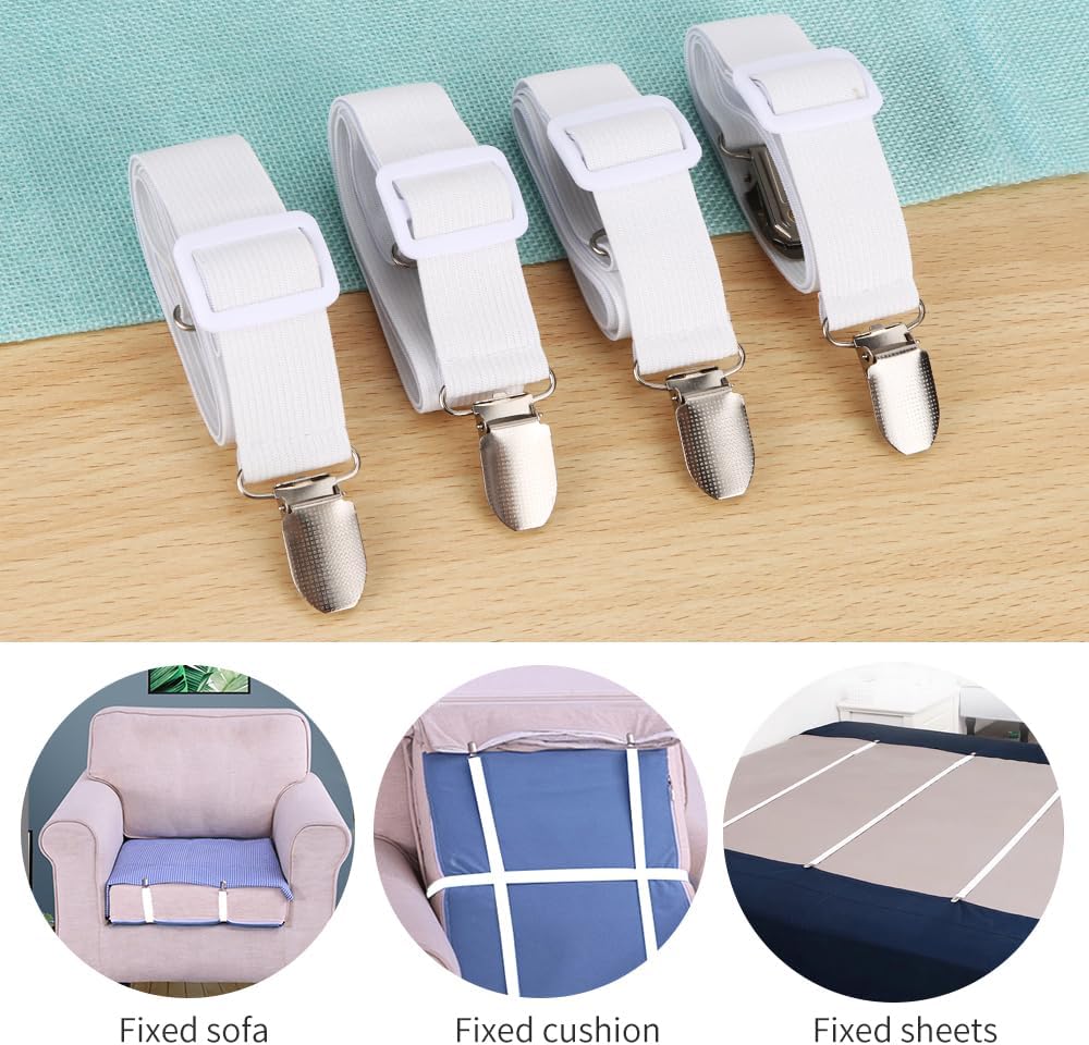 8Pcs Tendeurs de Drap Réglables pour Drap de lit élastiques avec Pinces Métalliques Tendeurs pour Draps Matelas Planche à Repasser White(2.5*130cm) - 4