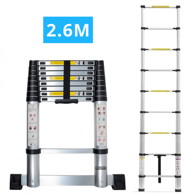 Echelle télescopique aluminium 9 marches H 2,6M avec barre stabilisatrice - SECURY-T