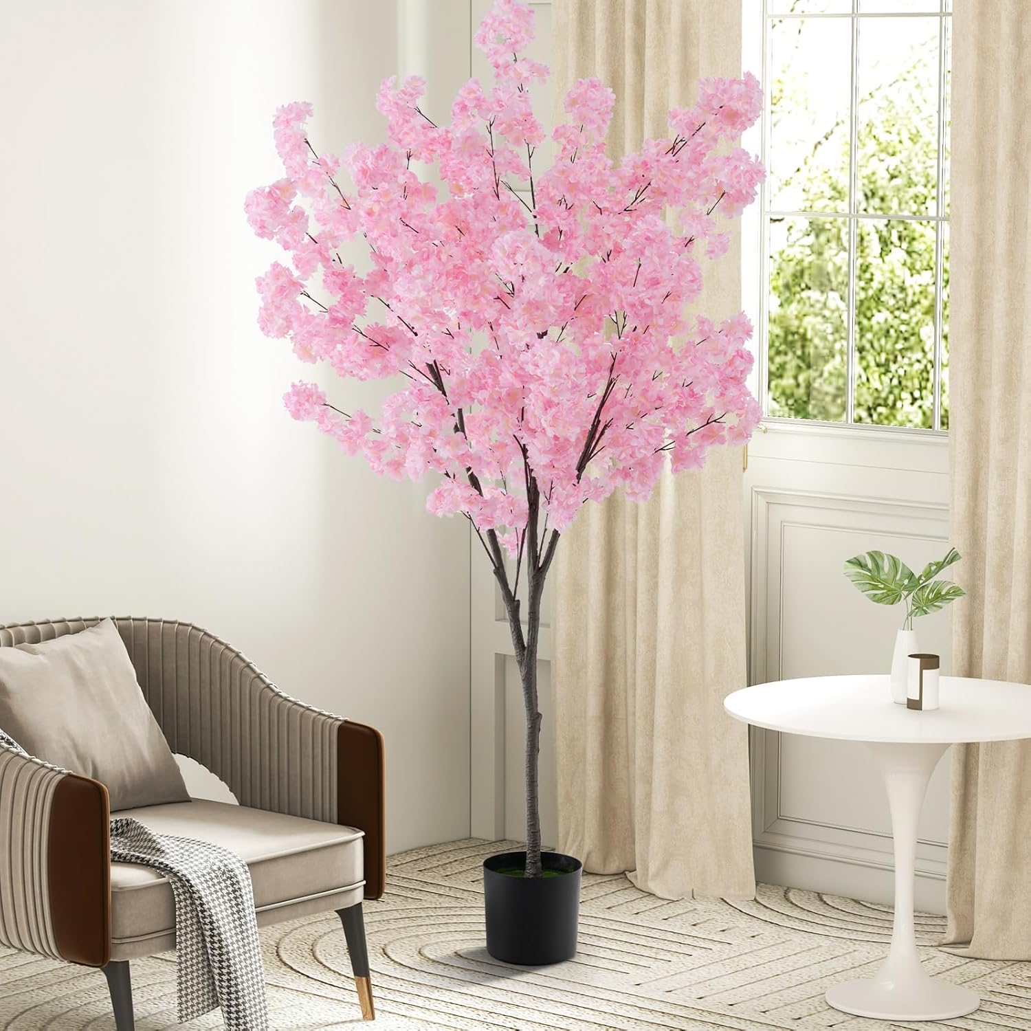Cerisier Artificiel En Fleurs PortoAlegre 180 Cm - Faux Sakura Rose En Pot Pour Décoration Intérieure