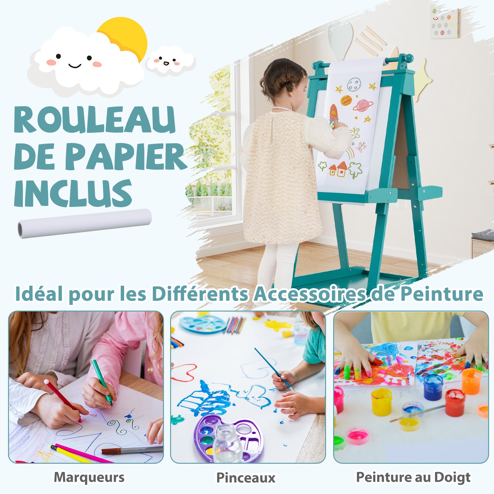 Chevalet Pliable pour Enfants, Double Face avec Tableau Noir et Tableau Blanc Magnétique, Rouleau de Papier Remplaçable, 3 Gobelets, Vert - 6