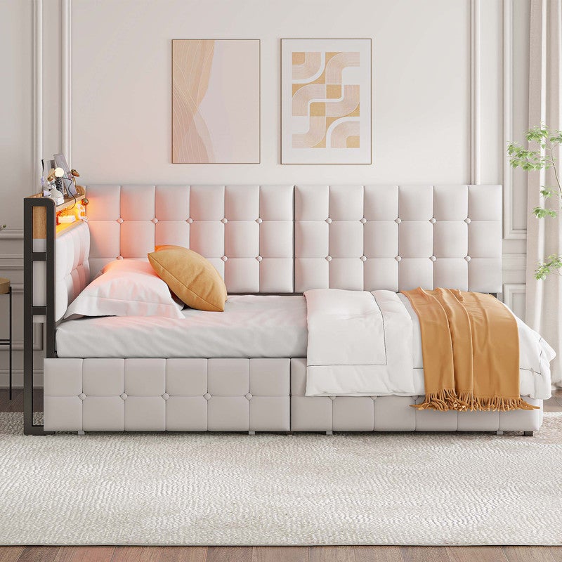 Sofa-łóżko 90x200 cm - z 2 szufladami - z oświetleniem LED - z portami USB i Type-C - beżowa (bez materaca)