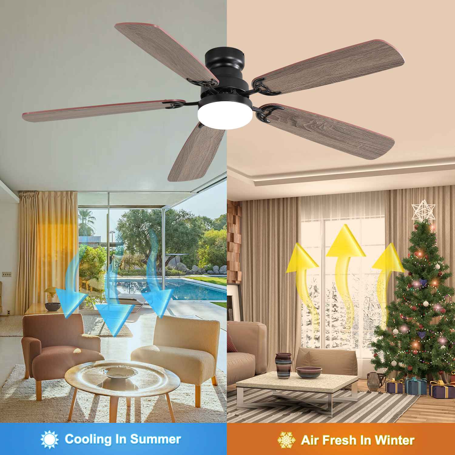 Ventilateur de plafond 52 pouces LED dimmable, moteur DC silencieux, 5 pales, 6 vitesses, télécommande multifonction, design moderne réversible - 5
