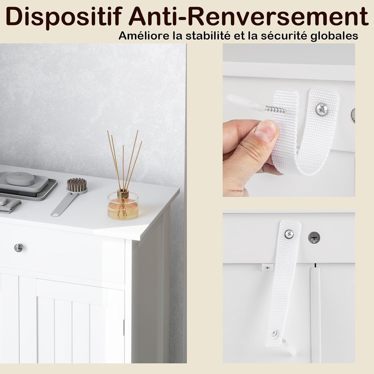 Meuble Salle de Bain 60 x 30 x 80 CM, Armoire de Rangement avec 1 Tiroir, 2 Portes, Étagère Réglable, avec Dispositif Anti-Basculement, Blanc - 5