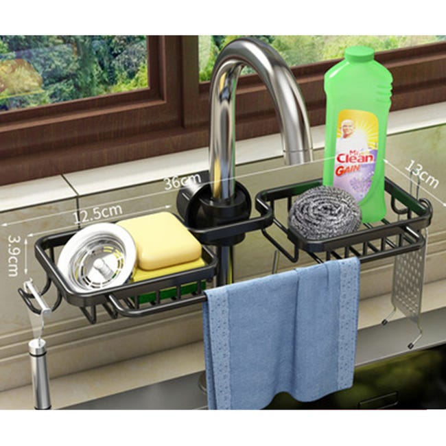 Portasapone Per Lavello Da Cucina In Acciaio Inox 304 | Organizer Con Vassoio Raccogligocce Rimovibile | 23x11x9 Cm, Colore Nero | Multiuso Per Spugne, Sapone E Bottiglie