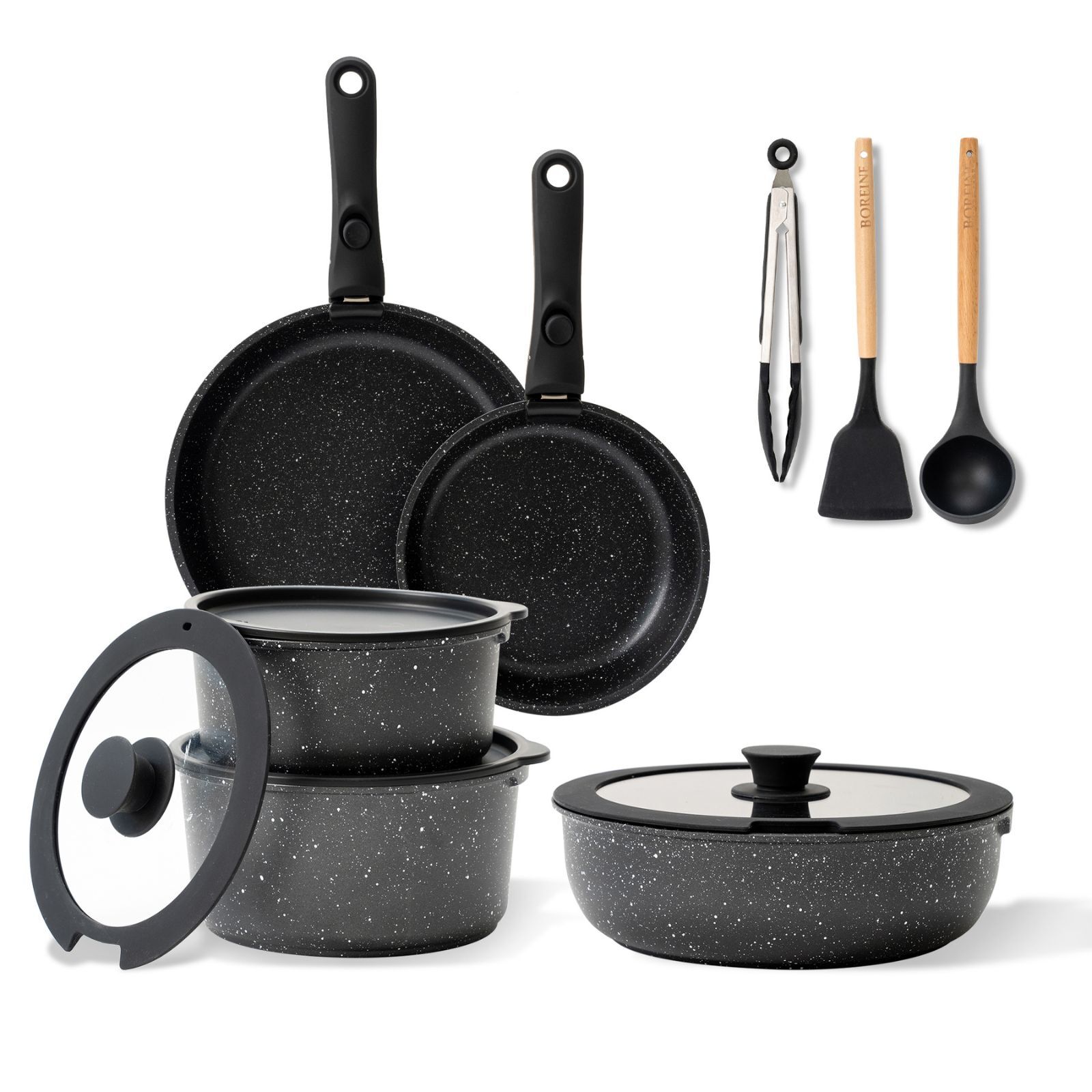 Batterie De Cuisine À Induction 17 Pièces Avec Couvercles En Verre Et Revêtement En Granit