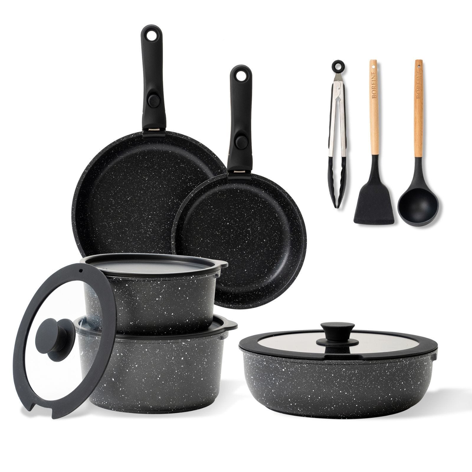 Batterie De Cuisine À Induction 17 Pièces Avec Couvercles En Verre Et Revêtement En Granit Batterie De Cuisine À Induction 17 Pièces Avec Couvercles En Verre Et Revêtement En Granit