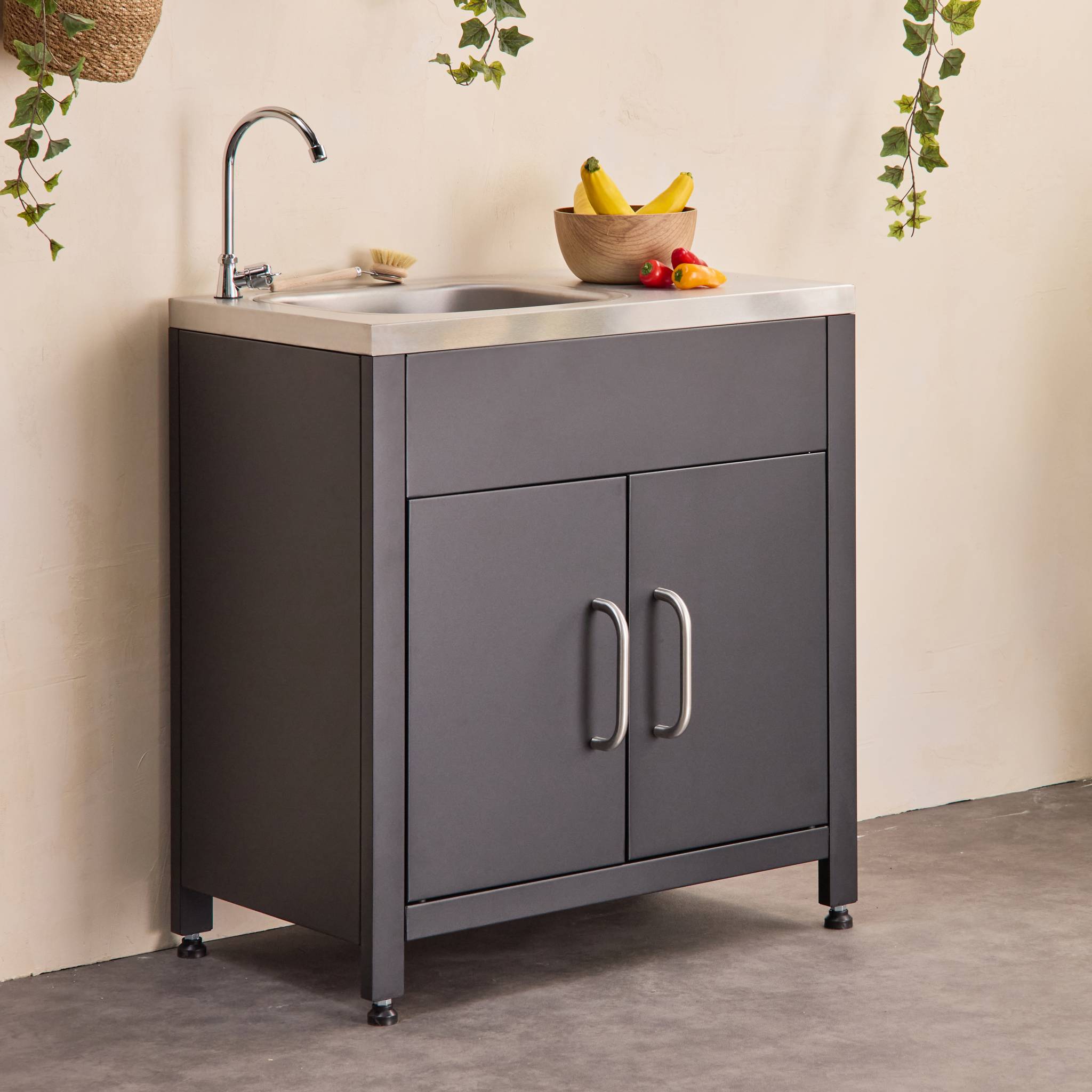 Cozinha exterior em aço com lava-loiça, 80cm, Grimaud, Preto, 52.5x80x114 cm - 2