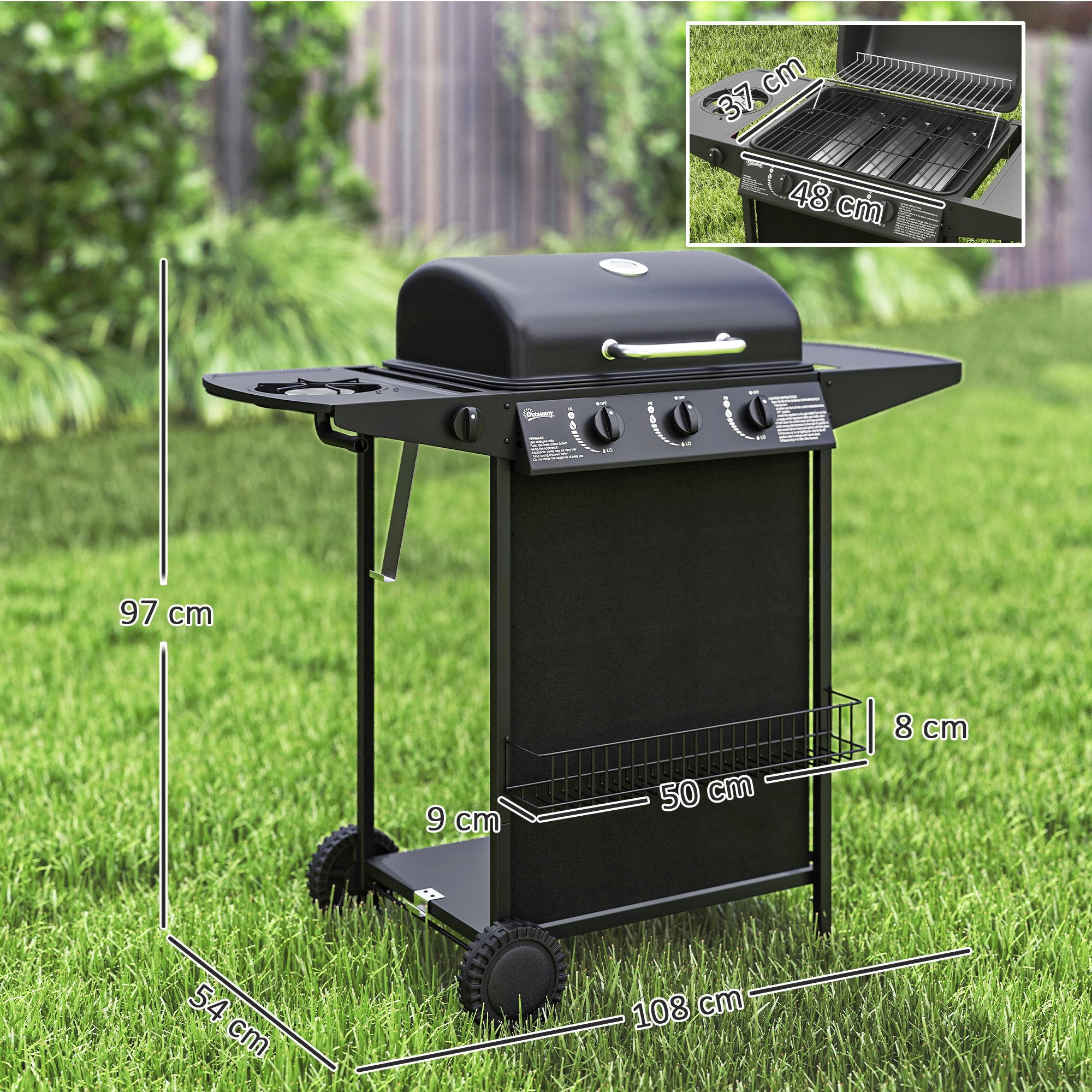Outsunny Barbecue a Gas con 4 Bruciatori Indipendenti e Coperchio con Termometro, 108x54x97 cm, Nero - 3