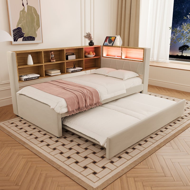 Sofá cama 90x200 - con cama nido 90x190 cm - con puerto USB - almacenaje múltiple - cama tapizada - beige (colchón no incluido) - 4