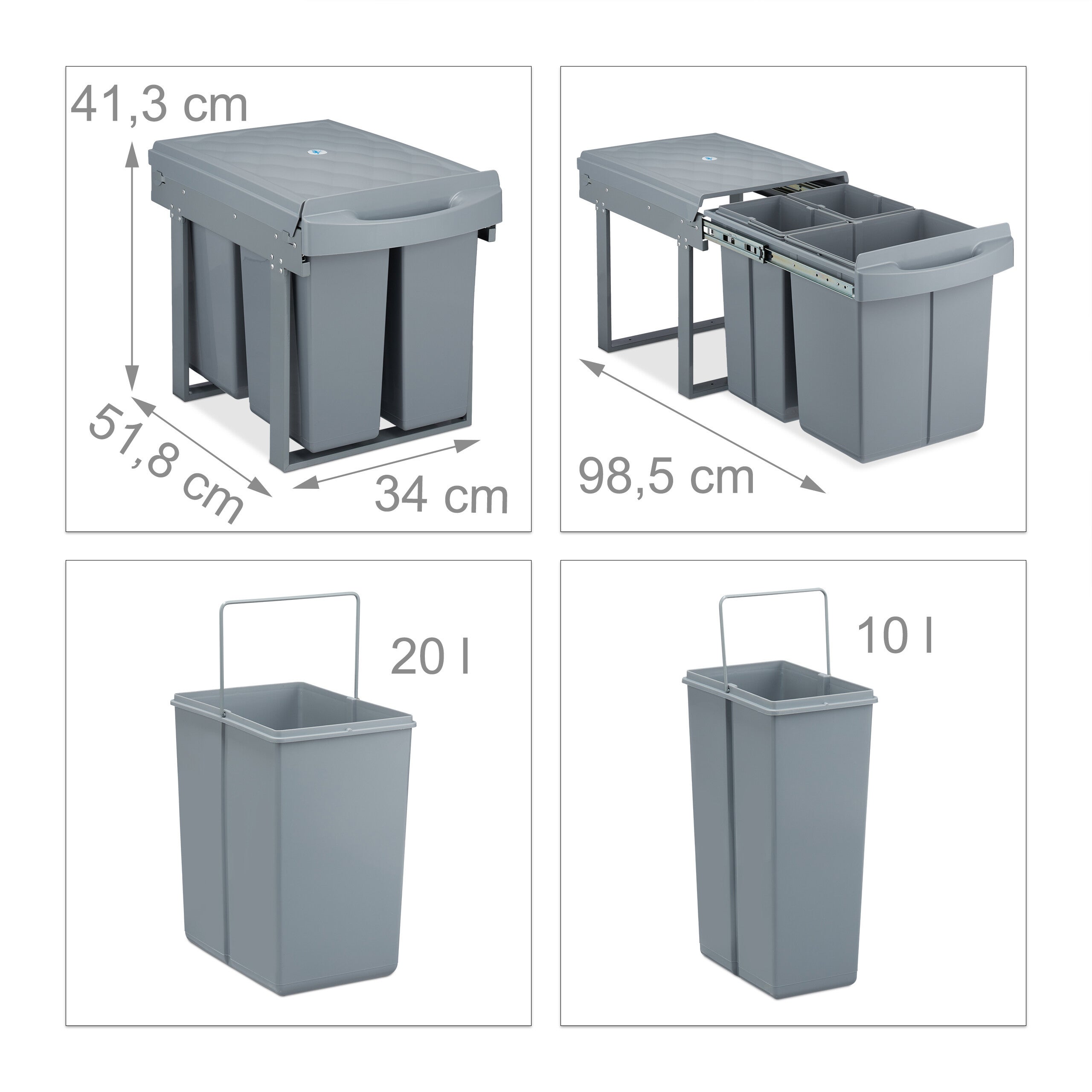 poubelle encastrable coulissante, 3 bacs, système de tri pour sous-évier, 20l & 2x10l, 41,3x34x51,8 cm, gris, Relaxdays - 4