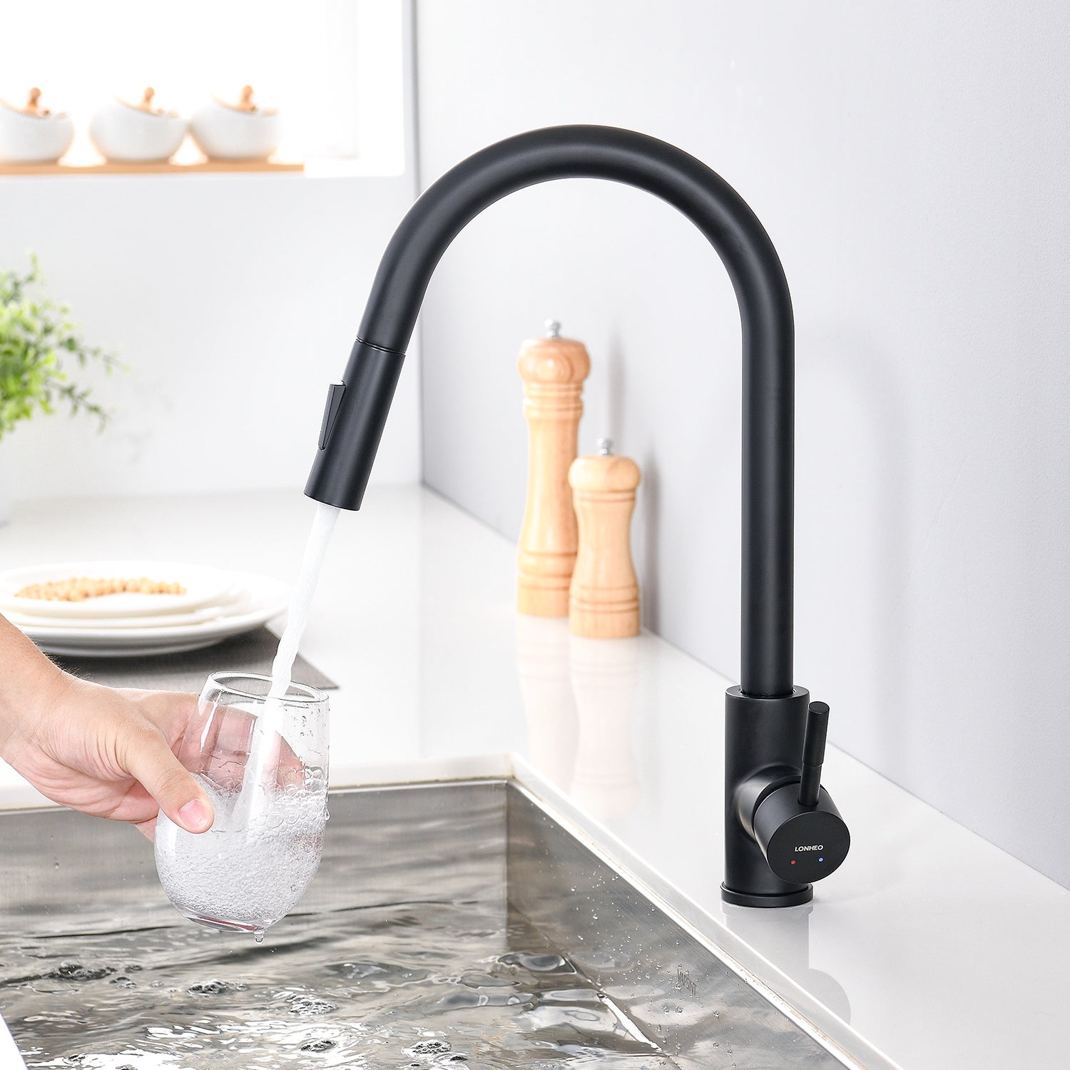 Robinet de Cuisine avec Douchette Extractible Mitigeur de Cuisine avec 2 Types de Jet D'eau Robinet d'évier en Inox Noir - 5
