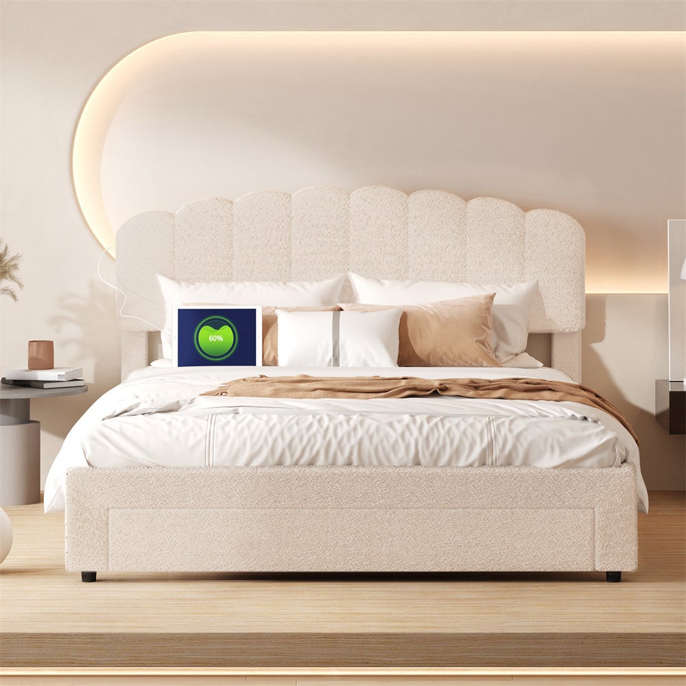 Lit double 140x200cm, cadre de lit avec 1 grand tiroir, sommier à lattes et tête de lit réglable avec port charge, velours teddy, beige - 2