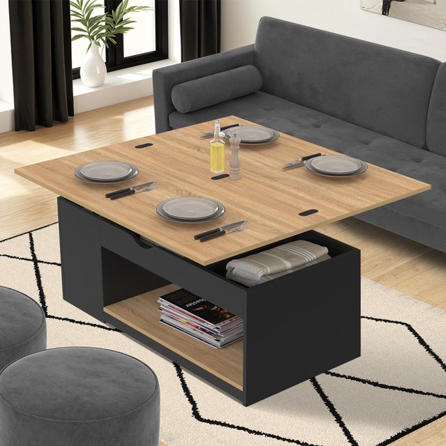 Table basse plateau relevable rectangulaire convertible en table à manger ELEA 100 cm bois noir et façon hêtre
