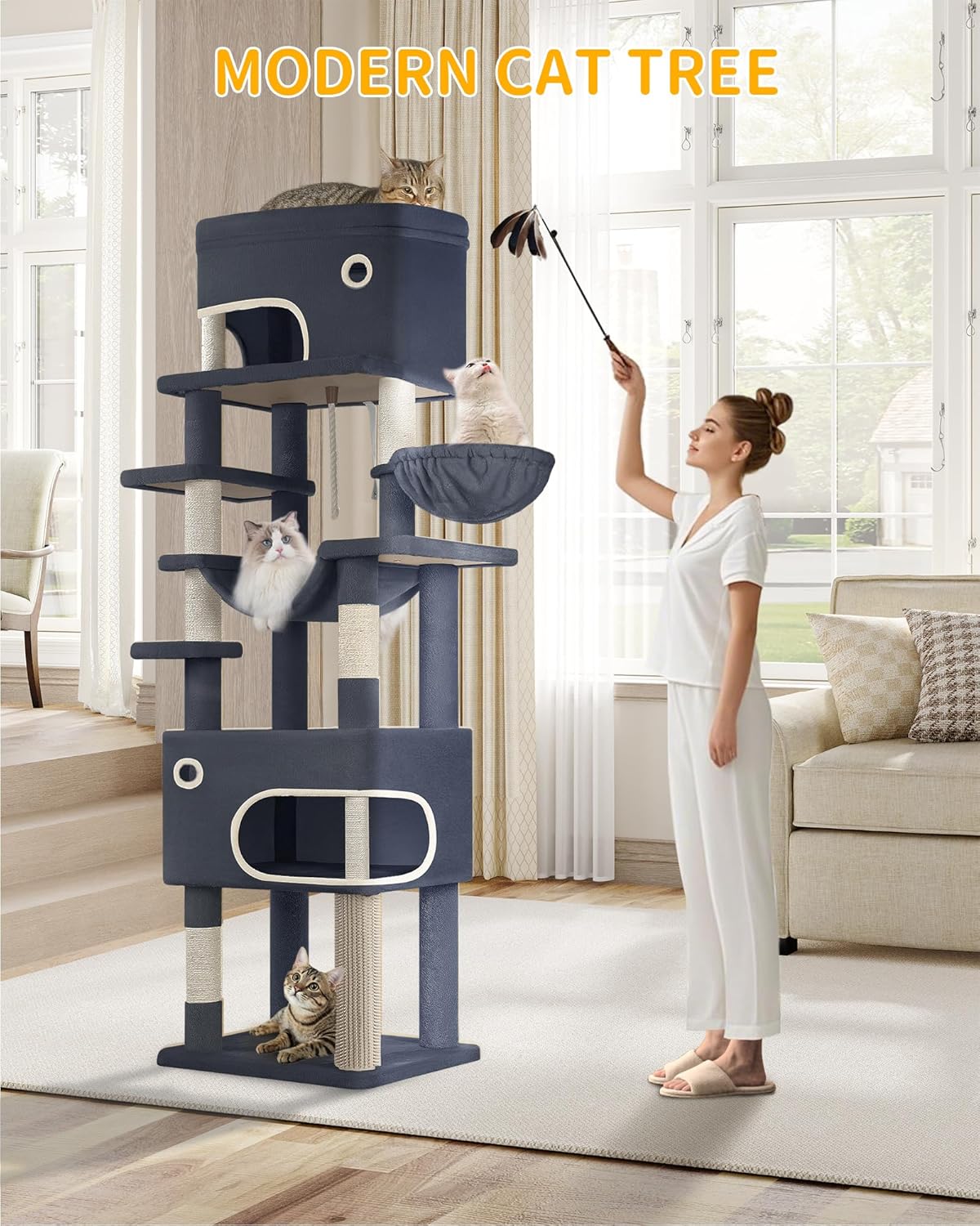 Árvore para Gatos, 203cm, Multicamadas, com Plataforma Grande, 2 Tocas, 7 Postes em Sisal, Pompons, Cesto, Rede, Cinza Escuro - 2